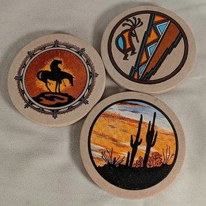 South Western USA Stone Coasters Set of 3 Kokopelli Desert Cactus Horse Native